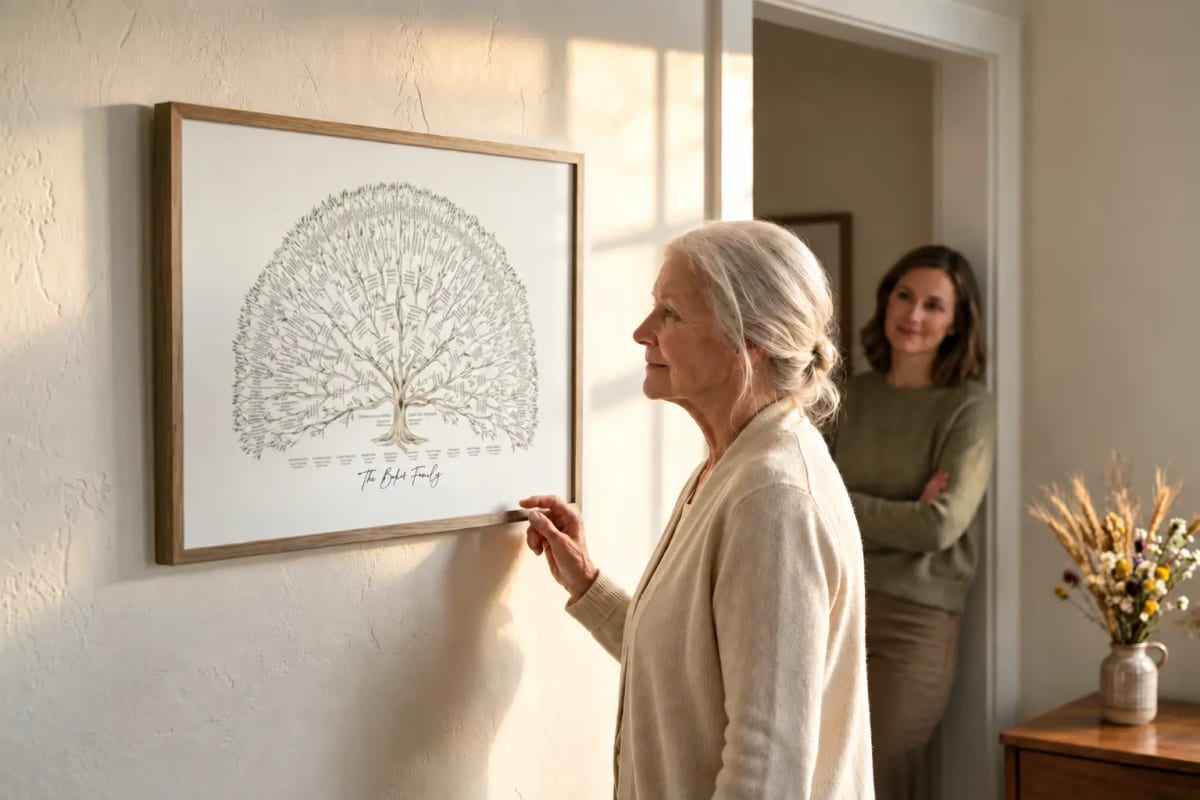An older woman in a cream cardigan steadies a framed family tree print on her wall in soft afternoon light, while her grown daughter watches from the doorway behind her